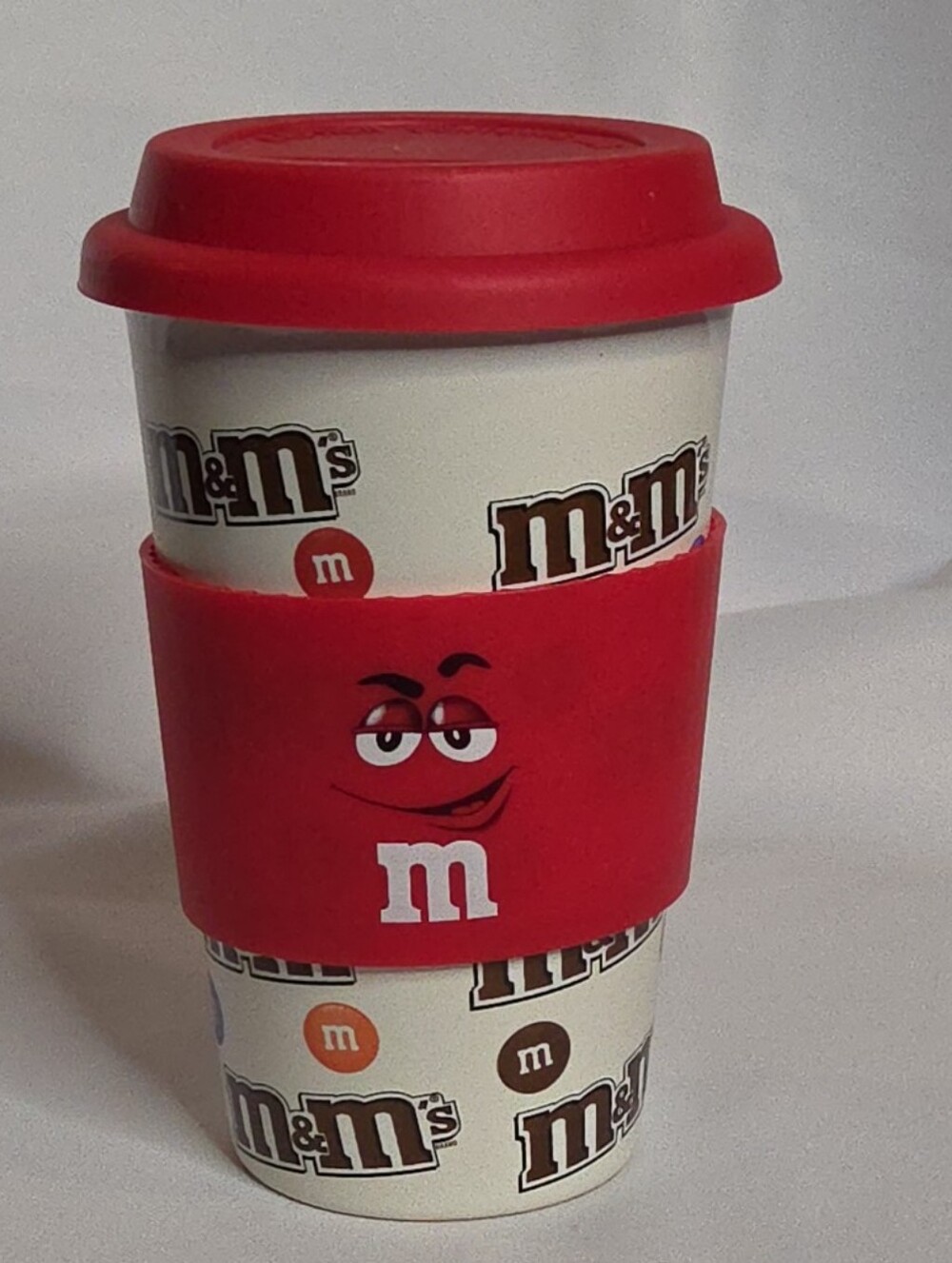 M&M’s Travel Coffee Mug Red With Silicone Lid Sleeve 2016 12oz